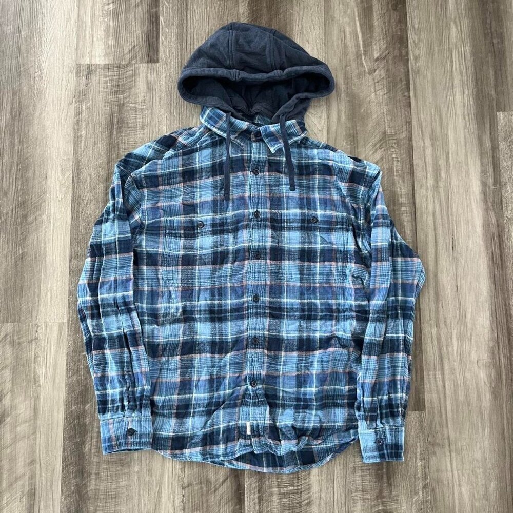 Men's Blue Plaid Flannel Shirt with Removable Hood